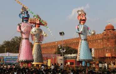 The Ravana, Kumbhakarna and Meghanada effigies before flaming, at the Dussehra celebrations, at Red Fort Ground on the auspicious occasion of Vijay Dashmi, in Delhi on October 17, 2010.
