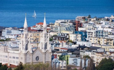 View of North Beach homes, apartments and Saints Peter and Paul Church